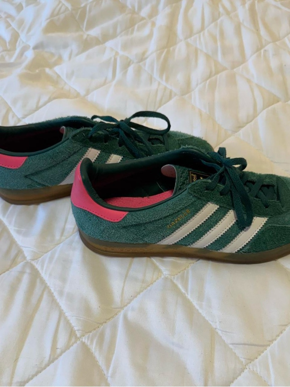 adidas Green Suede Sneakers with White Stripes and Pink Heel